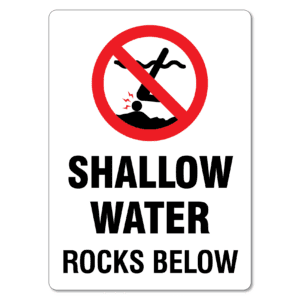 Shallow Water Rocks Below Sign